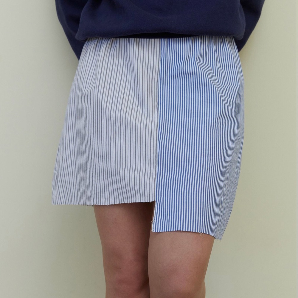 Recycled Uneven Spliced Menswear Shirting Mini Skirt In Blue